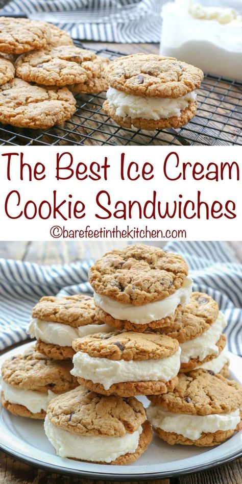 Peanut Butter Cookie Ice Cream Sandwich, Diy Ice Cream Sandwiches, Ice Cream Cookie Sandwich Recipe, Ice Cream Sandwich Recipe, Pool Food, Waffle Ice Cream Sandwich, Easy Ice Cream Sandwiches, Cookie Ice Cream Sandwiches, Vanilla Ice Cream Sandwich