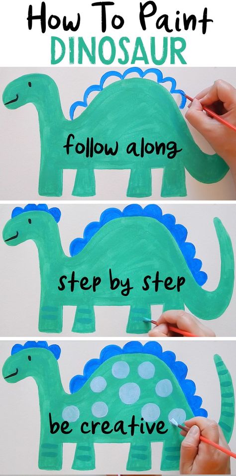 Follow along and learn how to paint a green dinosaur! This painting video can be used as an art activity, painting lesson, art lesson, or art idea for early grade school kids and toddlers – perfect for art learning and fun. Great for homeschool art class, for preschool or prek at home, kindergarten art projects, grade 1, grade 2, and grade 3. #easykidpaintings #artforkidstomake #preschoolpainting #toddlerpainting #firstgradeart #grade2art #grade3art #prekart #artfortoddlers#kidspainting Dinosaur Elementary Art Projects, Prek At Home, Homeschool Activities Kindergarten, Painting For Children, Easy Painting For Kids, Home Kindergarten, Preschool Painting, Easy Art Lessons, Dinosaur Painting