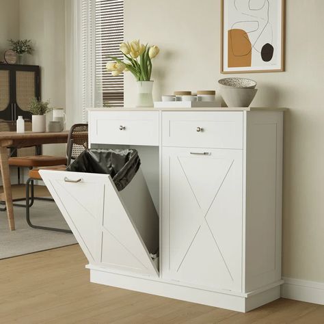 Gracie Oaks Alsfeld Manufactured Wood Manual Lift Cabinet Trash Can - 10 Gallons & Reviews - Wayfair Canada Cabinet Trash Can, Tilt Out Trash Cabinet, Laundry Hamper Cabinet, Tilt Out Laundry Hamper, Hide Trash Cans, Home Office Area, Trash Cabinet, House Shopping List, Kitchen Waste Bin