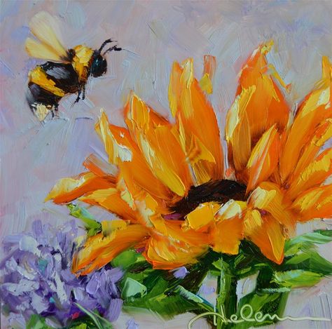 Sunflower Bee Painting, Bees And Flowers Painting, Sunflower With Bee Painting, Bee On A Flower Painting, Paintings Of Bees Acrylic, Bee Flower Painting, Painting Bees Acrylic, Painting A Bee, Flower And Bee Painting