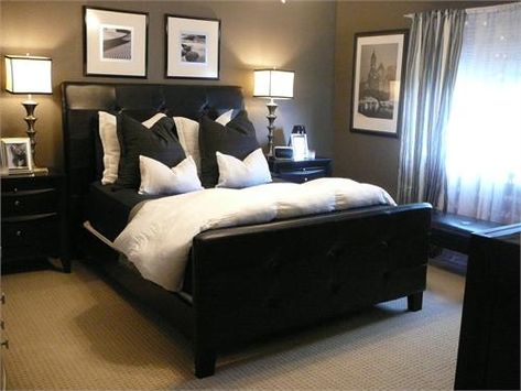 Loving the taupe/grey walls with the charcoal pillows and black and white photos. This is a bedroom that would be very easy the throw together. Masculine Bedroom Design, Brown Furniture Bedroom, Holiday Bedroom, Masculine Bedroom, Bedroom Contemporary, Bedroom Minimalist, Black Bedroom Furniture, White Bedroom Furniture, Eclectic Bedroom