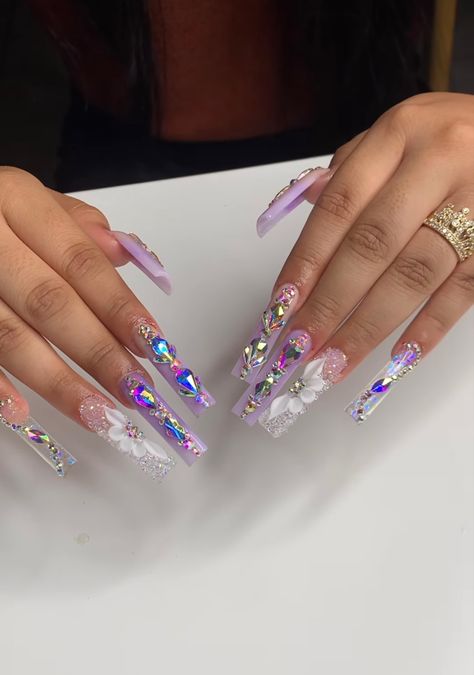 Purple Nails With Rhinestones, 21st Birthday Nails, Nails With Rhinestones, Vegas Nails, Bears Nails, Trending Reels, Long Acrylic Nails Coffin, Inspo Instagram, Unique Acrylic Nails