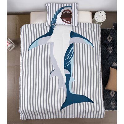 Sharks - those fascinating sea creatures that should be viewed from a distance! But now you can see them at nighttime too. Going to sleep may become a lot more fun when you add a surfacing shark striped comforter set to the bedtime routine! Sunside sails 2 piece character bedding set includes a reversible twin comforter & standard pillowcase featuring a silently swimming shark your little one is sure to love. Long-lasting softness and durability. Comfortable for use in all seasons. | Sunside Shark Themed Bedroom, Shark Light, Striped Comforter, Shark Room, Dark Bedding, Sleeping Partner, Best Bedding Sets, Going To Sleep, Shark Themed