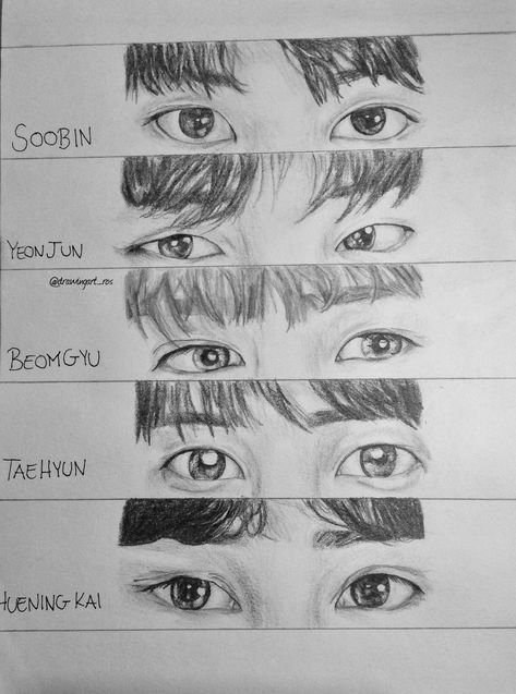 Drawing of the eyes of the boys of Tomorrow X Together by @drawingart_ros on Instagram #txt #tomorrowxtogether #fanart #drawing #kpop Txt Pencil Sketch, Txt Eyes Drawing, Txt Portraits, Kpop Drawings Txt, Txt Easy Drawing, Yeonjun Drawing Easy, How To Draw Kpop Idols, Beomgyu Drawing Pencil, Txt Drawings Pencil