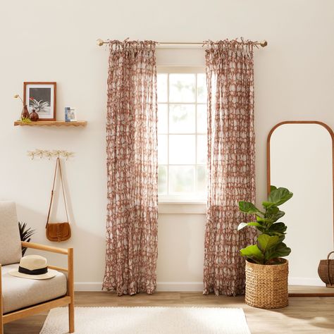 Rust Floral Cotton Crinkle Voile Tie Top Curtain Set of 2 - World Market Southwest Curtains, World Market Curtains, Rust Curtains, Tie Top Curtains, Wellness Room, Basement Apartment, Home Themes, Floral Curtains, Curtain Sets