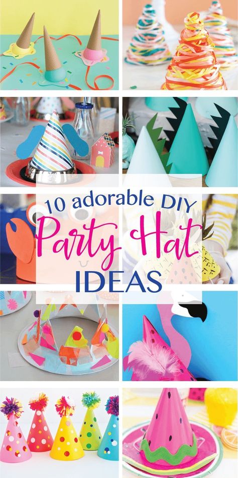 10 Adorable DIY Party Hat Ideas on Love the Day Free Printable Party Hat, Birthday Hat Ideas, Hat Decorating Ideas, Diy Party Hat, Party Hat Craft, Diy Yarn Pom Pom, Welcome Home Party, Kids Party Hats, Watermelon Party