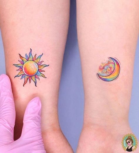 Bestie Tattoos: 25 Unique Ideas to Celebrate Friendship Moon Tattoo Colorful, Sun And Moon Tattoos, Maching Tattoos, Moon Sun Tattoo, Celestial Tattoo, Sun And Moon Tattoo, Sun Tattoo Designs, Tattoos Infinity, Bestie Tattoo