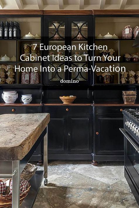 European style kitchen cabinets Old European Kitchen Design, Old World Kitchen Cabinets, Eclectic Kitchen With Black Countertops, European Vintage Kitchen, European Eclectic Style, European Small Kitchen, Old European Kitchen, Old World European Kitchen, European Style Cabinets