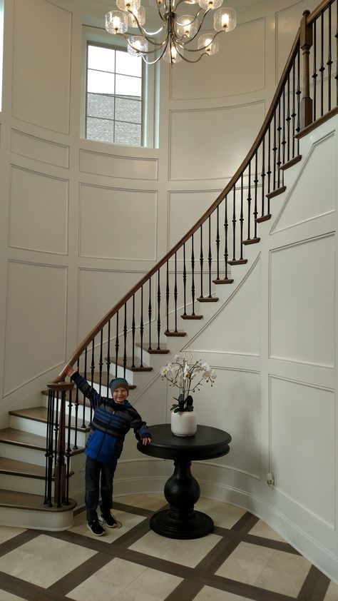 Wainscoting On Curved Staircase, Curved Staircase Molding, Wainscoting Curved Stairs, Decorating Curved Staircase Wall, Half Spiral Staircase, Curved Stairs Entryway, Curved Wall Staircase, Curved Wall Paneling, Curved Wainscoting