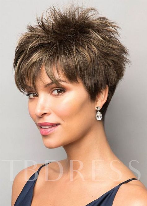 Women's Short Length Pixie Cut Natural Straight Synthetic Hair With Bangs Capless Wigs 10Inches Full Hairstyles, Sassy Hairstyles, Women Haircuts, Blonde Hairstyles, Full Volume, Vlasové Trendy, Short Hairstyles For Thick Hair, Choppy Hair, Short Choppy Hair