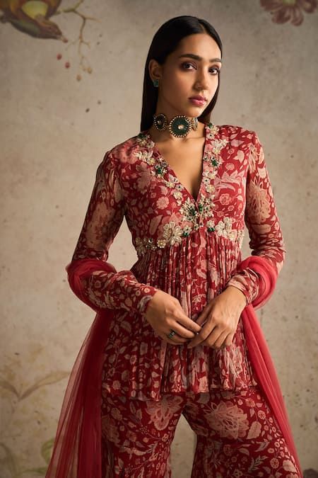 Buy Red Chiffon Printed And Embroidered Awespiring Peplum Kurta Gharara Set For Women by Ridhi Mehra Online at Aza Fashions. Chiffon Gharara, Sarara Dress, Gharara Designs, Ridhi Mehra, Peplum Designs, Trendy Outfits Indian, Diwali Outfits, Red Ochre, Royalty Aesthetic