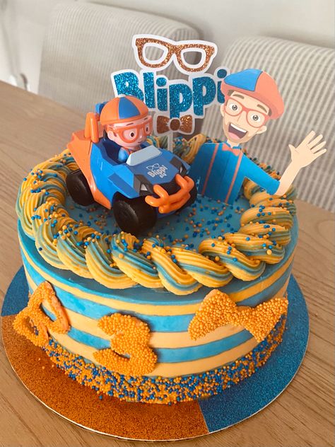 Homemade Blippi Cake, Blippi Monster Truck Cake, Blippi Excavator Birthday Cake, Blippi Sheet Cake, Blippi Construction Cake, Blippi Excavator Cake, Blippi And Meekah Cake, Blippi Theme Cake, Blue And Orange Cake