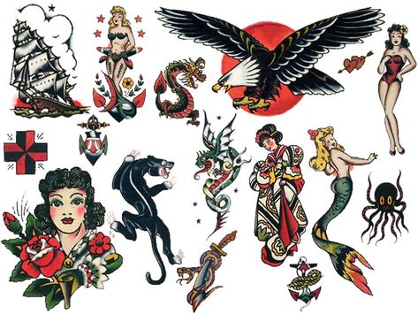 Sailor Jerry Flash Rockabilly Tattoo Sleeve, Rockabilly Tattoo Designs, Redhead Tattoos, Rockabilly Tattoos, Sailor Jerry Flash, Sailor Jerry Tattoo Flash, Jerry Tattoo, Ed Hardy Tattoos, Fake Tattoo Sleeves