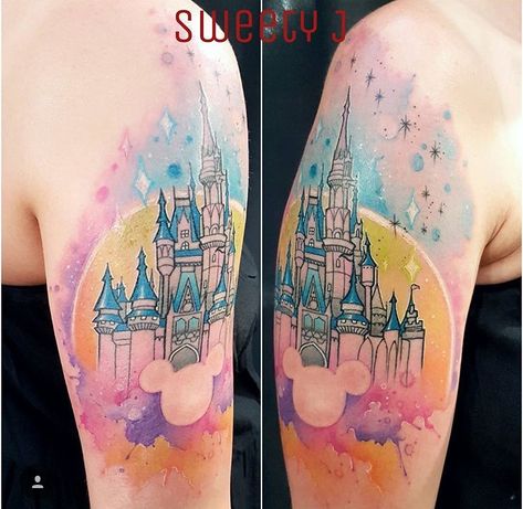 Disney Cinderella’s castle bright pastel tattoo Disney Arm Sleeve Tattoos For Women, Disney Leg Sleeve Tattoo, Watercolor Disney Tattoo, Cinderella Castle Tattoo, Disney Tattoo Sleeve, Tattoo Sleeve Disney, Disney Tattoo Sleeves For Women, Cinderella Tattoos, Mums Tattoo