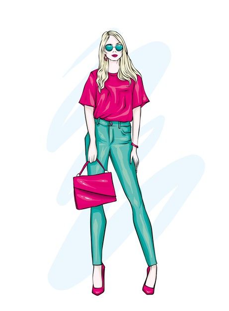 Stylish girl in trendy clothes. | Premium Vector #Freepik #vector #woman #fashion #girl #hair Croquis Fashion, Fashion Illustration Poses, Fashion Vector, Fashion Figure Drawing, Fashion Illustrations Techniques, Fashion Drawing Tutorial, Dress Illustration, Fashion Background, Fashion Illustration Sketches Dresses