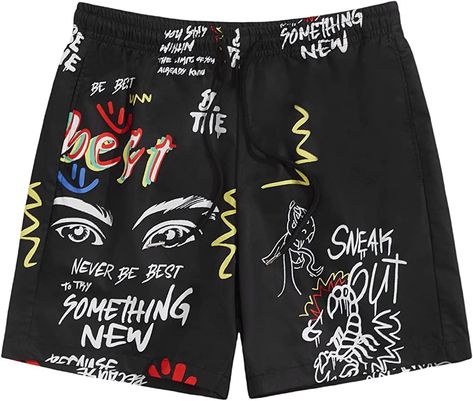 Graphic Shorts Men, Cool Mens Shorts, Geeky Clothes, Graphic Shorts, Drawstring Waist Shorts, Casual Summer Shorts, Mesh Shorts, Swimwear Shorts, Style Noir