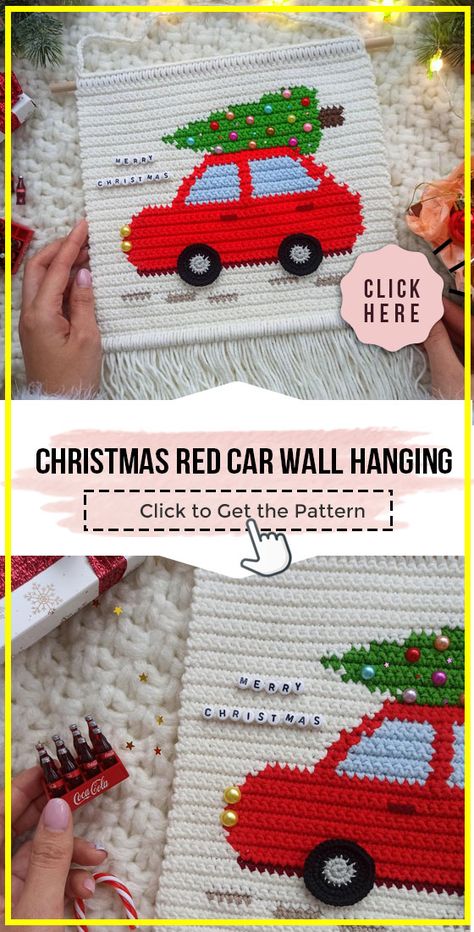 crochet Christmas Red Car Wall Hanging easy pattern - Easy Crochet Christmas Pattern for Beginners. Click to Try the Pattern #Christmas #crochetpattern #crochet via @shareapattern.com Crochet Christmas Wall Art, Crochet Wall Hangings Free Patterns, Crochet Christmas Wall Hangings, Crochet Wall Art Pattern Free, Crochet Wall Art, Crochet Nursery, Yarn Hanging, Crochet Christmas Gifts, Crochet Wall Hangings