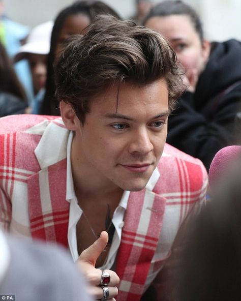 Heartthrob: Harry made sure to stop and pose for selfies before making his way into the st... Tartan Suit, Gambar One Direction, Harry 1d, Flipagram Instagram, Bbc Radio 1, Image Swag, Harry Styles Cute, Haikou, Harry Styles Wallpaper