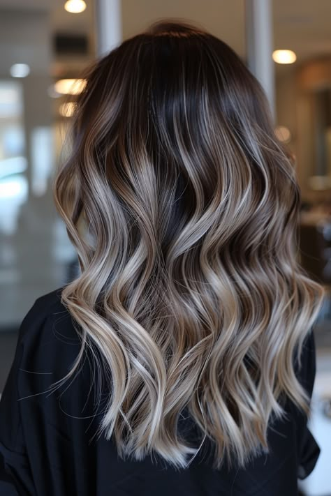 Balayage Blonde With Dark Roots, Ash Blonde In Black Hair, Dark Hair With Icy Highlights, Brown Hair With Blonde Roots, Blond Hair Brown Roots, Dark Brown Roots Blonde Hair, Brunette Balayage Hair Blonde Dark Roots, Dark Root Balayage Brunettes, Icy Blonde Balayage Brunettes