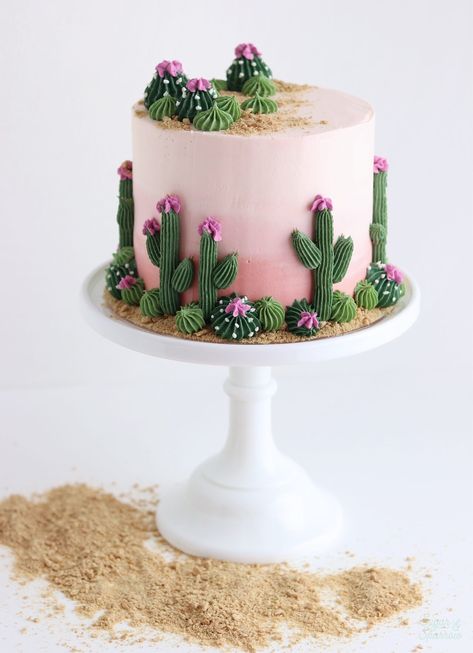 A Cactus Cake With Major Desert Vibes - Sugar & Sparrow Sugar And Sparrow, Buttercream Cactus, Ombre Buttercream, Edible Sand, Cactus Cake, Cake Blog, Desert Vibes, Pretty Birthday Cakes, Baby Fever