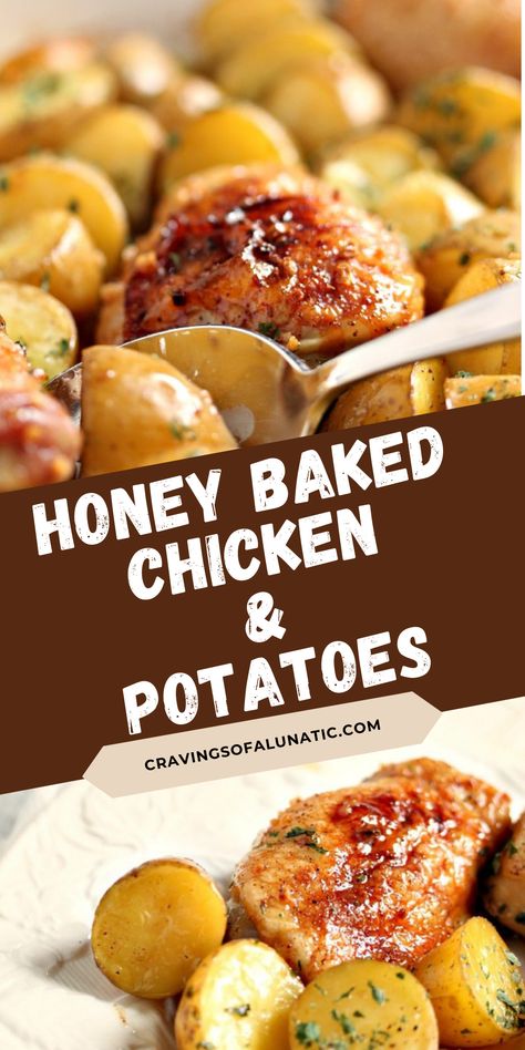 Honey Baked Chicken and Potatoes Honey Glazed Chicken And Potatoes, Honey Garlic Chicken And Potatoes, Honey Baked Chicken Recipes, Baked Meats, Baked Chicken And Potatoes, Small Potatoes Recipe, Honey Chicken Breast, Gold Potato Recipes, Honey Baked Chicken