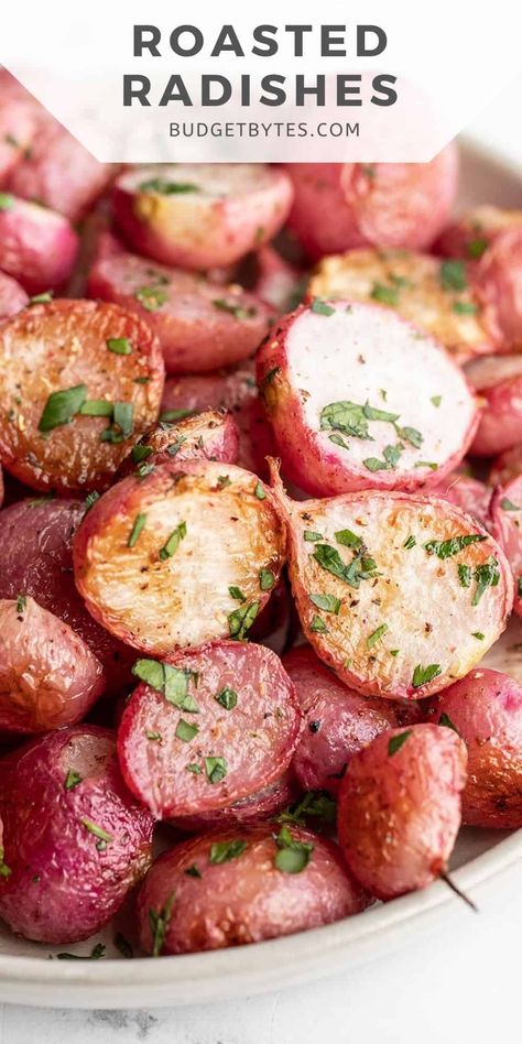 Roasted radishes are a simple, elegant, and eye-catching side dish with a mild, slightly sweet flavor. Easy and delicious! Roasted Radishes Recipe, Radishes Recipe, Roasted Radishes, Radish Recipes, Soy Free Recipes, Egg Free Recipes, Diner Recipes, Keto Side Dishes, Roasted Meat