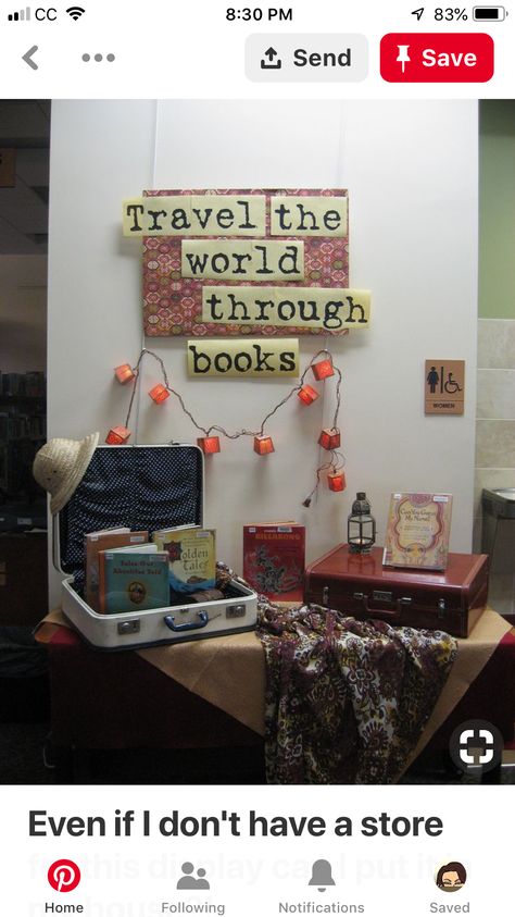 One World Many Stories, Travel Book Ideas, Reading Display, School Library Displays, Adventure Decor, Library Themes, Library Book Displays, World Library, Library Display