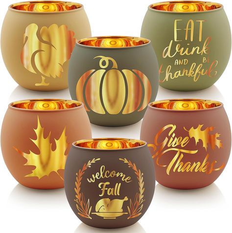 Thanksgiving Votive Candle Holder Set of 6, Glass Votives Holder with 6 Laser Engraving Patterns, Tealight Holders Bulk for Fall Table Centerpiece Decor Fall Votive Candle Holders, Tea Lights Centerpieces, Autumn Patterns, Engraving Patterns, Fall Candle Holders, Thanksgiving Candles, Fall Table Centerpieces, Glass Votives, Small Candle Holders