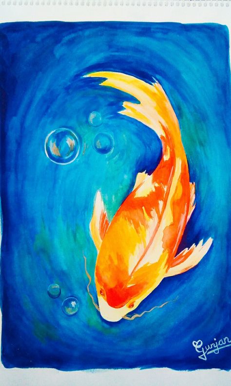 Gold Fish Drawing, Gold Fish Art, Abstract Fish Painting, Gold Fish Painting, Fish Paintings, Contrast Art, Painting Fish, Soft Pastels Drawing, Circular Art