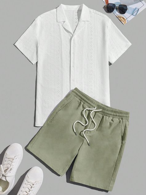 Loose Men Solid Button Front Sheer Shirt & Drawstring Waist Shorts Green Casual    Colorblock,Plain  Non-Stretch  Men Clothing, size features are:Bust: ,Length: ,Sleeve Length: Men Outfits Shorts Casual, Summer Holiday Fits Men, Mens Mexico Outfits, Men’s Clothing Beach, Men’s Beach Outfits, Mens Shorts Outfits Summer, Mens Summer Fashion 2024, Men’s Clothing Style, Mens European Fashion Summer