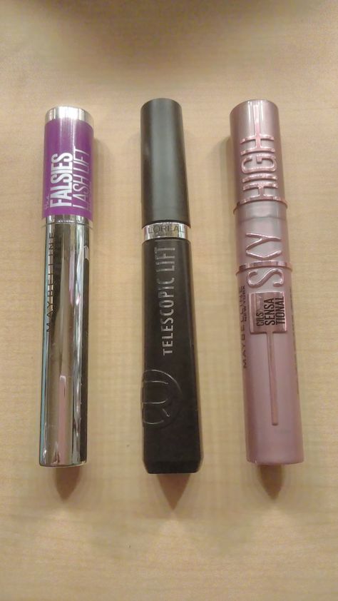 Here we have the most famous mascaras on the planet. From left to right Maybelline The Falsies Lash Lift Mascara, L'oreal Telescopic Mascara, Maybelline Sky High Mascara. - - - In my personal opinion Telescopic ranks 1st with Last Lift ranking 2nd and Sky High ranking 3rd. Falsies Lash Lift Mascara, Maybelline Sky High Mascara, Mascara Routine, Lash Lift Mascara, Maybelline Sky High, Sky High Mascara, Telescopic Mascara, Mascara Maybelline, Maybelline Falsies