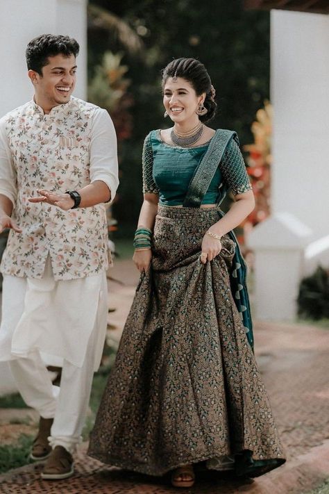 Wedding Outfits South Indian, Engagement Photos Outfits Indian Men, Men Outfits For Engagement, Indian Bride Engagement Dresses, Engagement Mens Wear, Engagement Lehenga Kerala Bride, Marriage Reception Dress For Men, Reception Look For Groom Indian, Marriage Couple Dress Indian