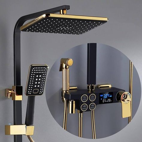 Yalsfowe Thermostatic Shower Faucet Set Black Gold, Bathtub Shower Faucet, Shower Head with Hand Shower, Tub Spout, Bidet Shower, Exposed Shower System with Temperature Display - Amazon.com Brass Bathtub, Household Accessories, Gold Shower, Digital Showers, Luxurious Showers, Spa Shower, Shower Faucet Sets, Cold Shower, Shower Rod