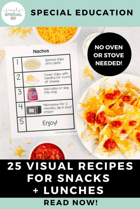 25 Visual Recipes for snacks and lunches-read now! Life Skills Recipes, Classroom Cooking Ideas, Visual Recipes For Kids, Preschool Recipes, Classroom Cooking, Recipes For Snacks, Kids Cooking Activities, Cooking Theme, Cooking In The Classroom