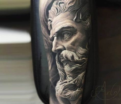 Zeus tattoo by Arlo Tattoos Arlo Tattoo, Tatoo 3d, Greek God Tattoo, Poseidon Tattoo, Zeus Tattoo, Black And Grey Tattoo, Statue Tattoo, Greek Mythology Tattoos, God Tattoos