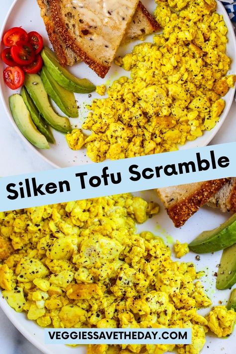 Silken Tofu Scramble is easy to make with shelf-stable boxed tofu and flavorful spices. If you miss scrambled eggs, this is the recipe for you! Quick Tofu, Tofu Scrambled Eggs, Silken Tofu Recipes, Tofu Breakfast, Packed Breakfast, Tofu Recipes Vegan, Vegan Egg, Silken Tofu, Tofu Scramble