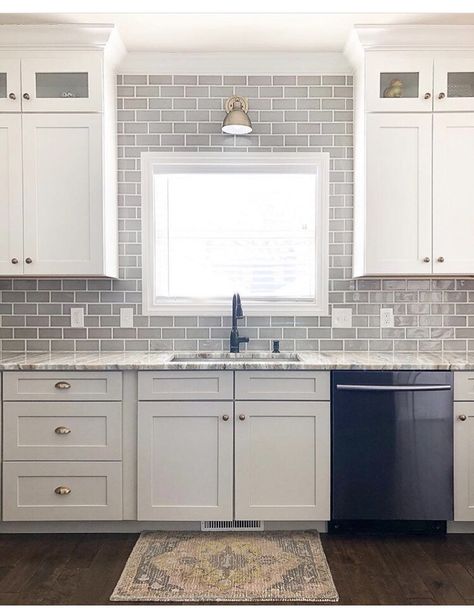 Beautiful and clean kitchen backsplash created with Handcrafted Glazed Dove Gray Premium ceramic tile in 3X6 format. Only $6.95 per Sq. Ft. & Free Shipping. Stocked in the USA and ships out in 1-2 business days. *prices valid through the spring 2019. #tiles #ceramics #thebuilderdepot #kitchendesign #kitchenideas #homedecor #design #homedesign #remodel Grey Subway Tile Kitchen, Gray Subway Tile, Gray Kitchen Backsplash, Subway Tile Kitchen, Kitchen Backsplash Designs, Ceramic Subway Tile, Subway Tile Backsplash, Grey Kitchens, Kitchen Marble