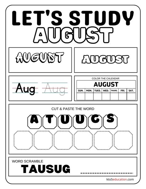 Free Let's Study August Worksheet Check more at https://kto5education.com/free-lets-study-august-worksheet/ August Worksheets, August Colors, Writing Worksheets, Cut And Paste, Worksheets For Kids, Learning Resources, First Grade, Reading Writing, Summer Time