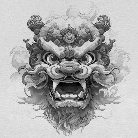 Foo Dog Illustration, Perro Fu Tattoo, Chinese Dog Tattoo, Japanese Fu Dog Tattoo Design, Foo Dog Drawing, Fu Dog Tattoo Design, Fu Dog Tattoo, Asian Drawings, Japanese Foo Dog