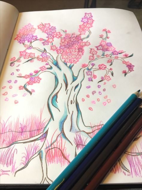 “Sakura Fantasma”  A vivacious rebirth of a cherry blossoms tree, fueled by the ever growing power of love and energy pouring out of the the bad of the tree in lovely turquoise, with soft dark rose and purple cherry blossoms blooming throughout the branches. Enjoy this beautiful naturesque colored pencil sketch. Cherry Blossom Colored Pencil, Sakura Tree Drawing Tutorial, Cherry Blossom Pastel Drawing, Cherry Blossom Bonsai Tree Drawing, Blossom Tree Drawing, Cherry Blossom Color Pencil, Cherry Blossom Tree Branch Drawing, Cherry Blossoms Tree, Simple Tree Tattoo