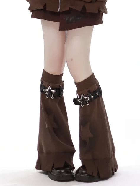 Brown / Gray Star Buckles Leg Warmers Alt Leg Warmers, Mah Core, Leg Drawings, Brown Clothes Aesthetic, Legs Reference, Fur Leg Warmers, Grunge Fits, Stars Fashion, Leg Warmer