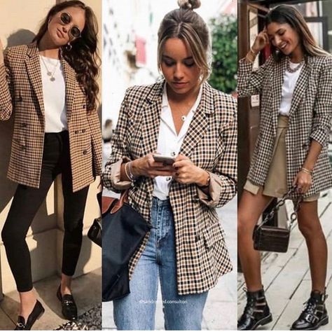 Brown Plaid Blazer Outfit Work, Brown Checkered Blazer Outfit, Blazer Cuadros Outfit, Brown Plaid Blazer Outfit, Plaid Blazer Outfit, Outfit Mit Blazer, Outfit Inspiration Women, Beige Outfit, Business Outfits Women