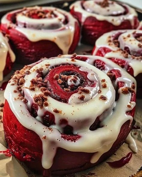 Good Ole Soul Food Recipes | Red Velvet Cinnamon Rolls | Facebook Red Velvet Cinnamon Rolls, Hot Roll, Soul Food Recipes, Cinnamon Roll Recipe Homemade, Unsweetened Cocoa Powder, Ina Garten Recipes, Cute Baking, Cinnamon Rolls Recipe, Good Ole