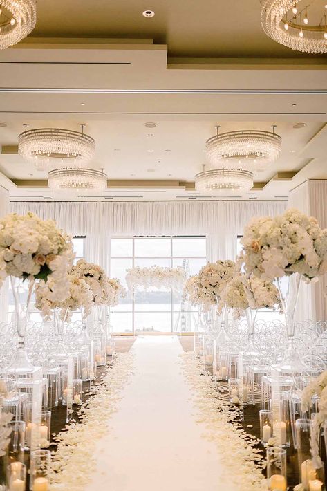 All White Wedding Ceremony Indoor, Wedding Decor Ceremony Indoor, Glam Bridal Bouquet, Aisle Design Wedding, White Wedding Ceremony Indoor, Ballroom Wedding Aesthetic, All White Ceremony Decor, White Floral Wedding Ceremony, Wedding Arrangements Ceremony