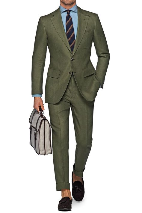 Harris green suit, [i]£299.[/i] [link url="http://eu.suitsupply.com/en_GB/suits/harris-green-plain/P4851.html?cgid=Suits&prefn1=color&prefv1=Green"]suitsupply.com[/link] Green Suit Men, Green Suit Jacket, Olive Green Suit, Khaki Suits, Green Suit, Brown Suits, Linen Suit, Slim Fit Suit, Wear Green