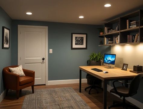 26 Small Basement Ideas to Maximize Space and Style - Nekig Basement No Windows Paint Colors, Diy Basement Office, Small Basement Office Ideas No Windows, Basement Office Ideas No Windows, Blue Basement, Basement Office Ideas, Basement Wall Colors, Basement Home Office