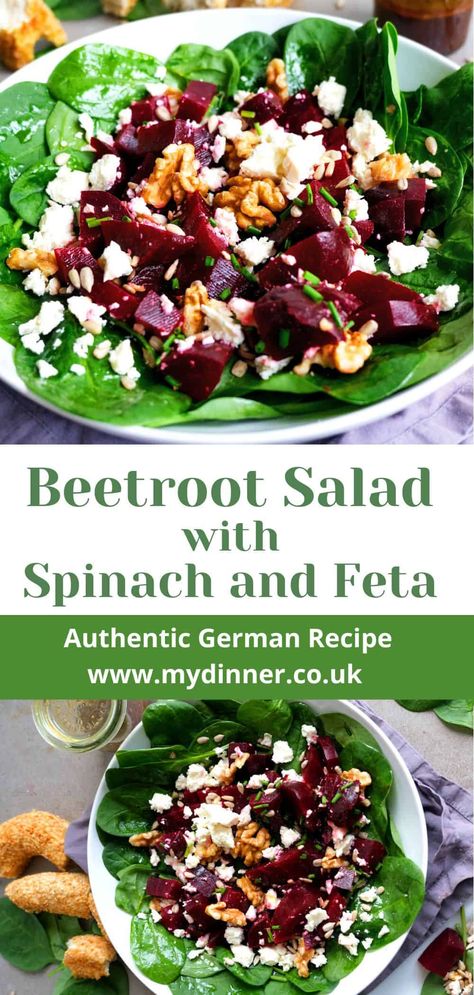 Here is a healthy beetroot salad with spinach, feta, and walnuts. The salad dressing is a simple balsamic honey dressing. Beetroot salad recipes, roasted beetroot salad, beetroot feta salad, vegan beetroot salad. beet salad Beetroot Salad Recipes, Arugula Beet Salad, Salad Beet, Salad Beetroot, Spinach Feta Salad, Beetroot And Feta Salad, Beet Salad With Feta, Salad With Feta Cheese, Salad With Spinach