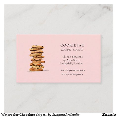 Watercolor Chocolate chip cookie Bakery Cookie Business Cards, Watercolor Chocolate, Cookie Shop, Home Bakery Business, Watercolor Business, Bakery Business Cards, Watercolor Business Cards, Cookie Bakery, Cookie Business