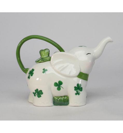 Delightful Teapot shaped as an elephant and highlighted with green shamrocks. #teapot #teaparty #elephant #shamrock #mothersdaygift #giftsforwomen #housewarming Elephant Teapot, Shamrock Design, Ceramic Elephant, Irish Shamrock, Ceramic Teapot, St Patrick's Day Gifts, Saint Patrick's Day, Saint Patricks, Porcelain Teapot