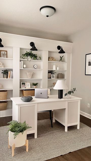 Dresser In Office Ideas, Ikea Billy Bookcase Hack Office, Home Office Design Small Space, Small Open Loft Ideas Upstairs, Home Office In Basement Ideas, Office Den Combo, Ikea Small Office Ideas, Desk In Center Of Room, Office Loft Ideas Upstairs